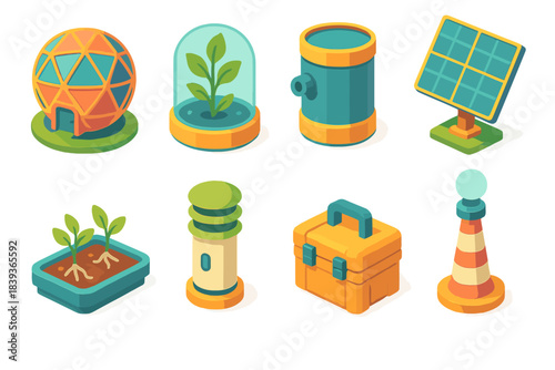 Colorful Eco Colony Icons. Micro-colony eco modules flat isometric set: habitat sphere, oxygen plant chamber, insulated water tank, adaptive solar panel, root bed tray,