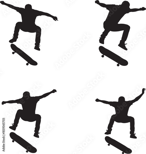 Four silhouettes of a skateboarder performing tricks in mid air