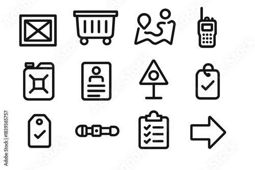 Logistics Icons Collection. Field Operations Logistics Elements linear set: supply crate, transport bin, route map icon, handheld radio, fuel can, roster sheet, staging marker,
