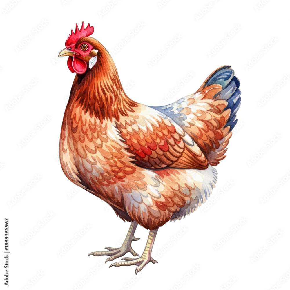 Fototapeta premium Watercolor Hen with Brown and White Feathers isolated on a transparent background