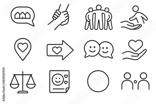 Community Support Icons. Community Wellbeing Set linear set: neighborhood chat icon, helping hand, group support ring, warm invitation symbol, shared space marker, goodwill arrow,