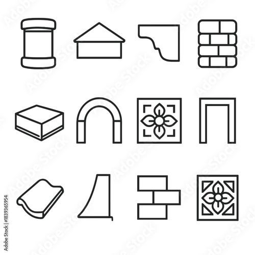 Historic Architectural Icons. Historic Structural Forms linear set: column drum, triangular pediment, corbel block, mudbrick wall, stone plinth, vaulted arch, carved motif, doorway