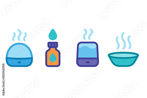 Air Moisture Icons. Air Moisture Essentials flat set: ultrasonic mist dome, oil-drop vial, gentle vapor tray.