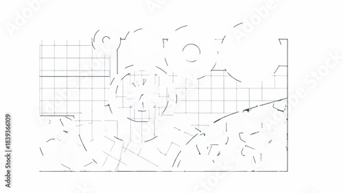 Vector line art blueprint drawing of abstract mechanical gears on grid graph paper background