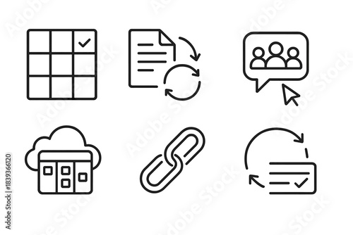 Digital Collaboration Icons. Digital Collaboration linear set: shared workspace tile, synced document icon, team chat bubble, real-time cursor marker, cloud project board,