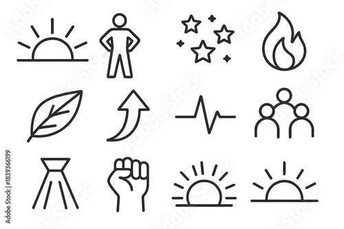 Symbolic Hope Icons. Independence Day Pride & Hope linear set: rising sun arc, strong-standing figure, open sky band, hopeful star cluster, steady flame icon, symbolic leaf, uplift