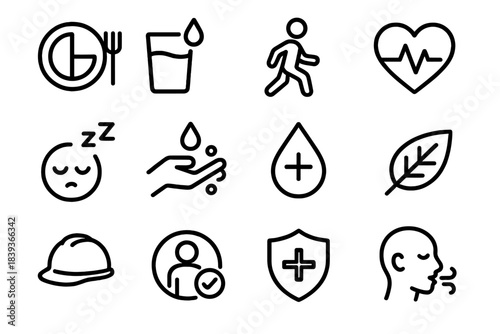 Self-Care Icon Set. Prevention & Self-Care Icons linear set: meal balance, water icon, gentle exercise, heart wellness, sleep symbol, hygiene wash, disinfect drop, stress leaf,