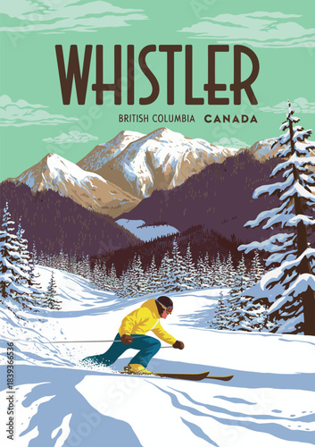 Whistler Ski Resort Travel Poster Vintage, Canada BC Winter Landscape Travel Card Vector