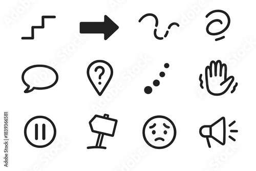 Outline Black Icon Elements. Reluctance Elements linear set: paused step, dim arrow, broken line curve, soft swirl mark, faint speech bubble, unsure marker, staggered dot trail,