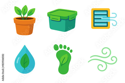 Eco-Friendly Living Icons. Green Home Living isometric flat set: herb pot, reusable container, airflow vent, pure water droplet, eco footprint, gentle wind swirl.