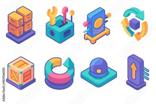 Colorful 3D Icon Set. Space Utilization Framework flat isometric set: compact systems cluster, multi-purpose tool block, adaptive energy node, reduced-waste cycle icon, optimized