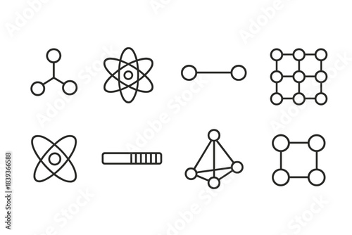 Atomic Icon Patterns. Atomic-level pattern networks linear set: atom node tile, electron cloud ring, bonding pathway bar, lattice point, orbital arc, charge distribution strip,