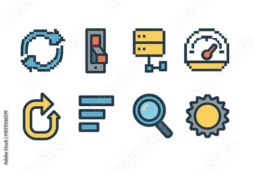 System Resilience Icons. System Resilience Tools pixel style set: redundancy loop, failover switch, backup node, uptime meter, recovery path arrow, stability bar, diagnostic lens,