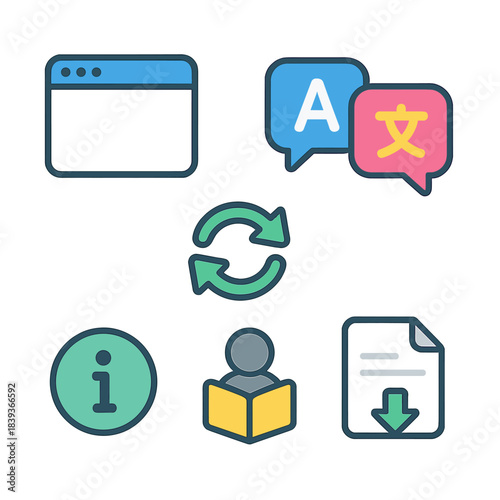 Virtual Translator Icon Set. Virtual Translator Elements isometric flat set: interface frame, source text block, target text block, conversion arrows, term helper icon, saved