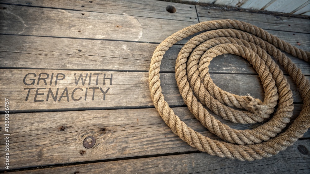 Obraz premium Coiled Rope Resting on a Weathered Wooden Surface