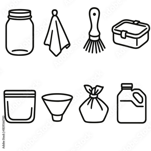 Sustainable Kitchen Essentials. Sustainable Kitchen Basics linear set: mason jar, cotton dish towel, bamboo scrub brush, stainless snack box, silicone freezer bag, reusable coffee