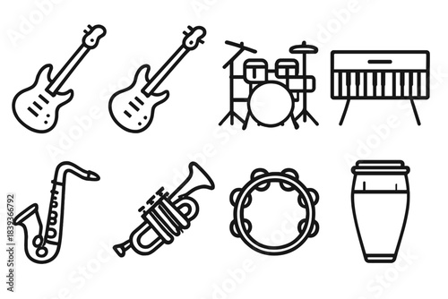 Outline Band Instruments. Band instruments linear set: electric guitar, bass guitar, drum kit, keyboard, saxophone, trumpet, tambourine, conga.