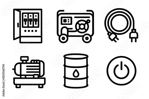 Construction Power Icons. Construction Power Supply linear set: breaker panel, portable generator, heavy-duty cable, compressor motor, fuel drum, power indicator.