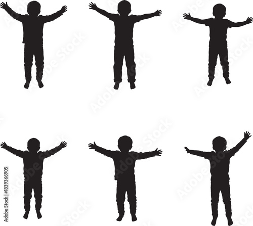 Silhouettes of children with arms outstretched in various playful poses