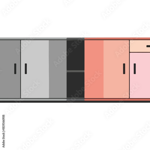 Minimalist vector illustration of various colorful modular storage cabinets, modern furniture design