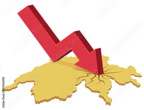 Switzerland map (yellow color) cracked by a giant red arrow plunging downward. Concept for economic crisis, recession, or financial shock in Europe. (cut out)