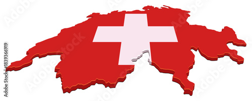 Map of Switzerland colored with the national flag (red background with white cross). Concept for geography, politics, or economy. (cut out)