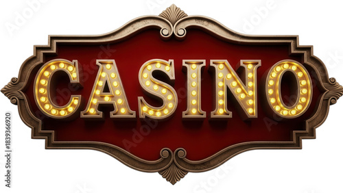 Vintage casino sign with glowing marquee lights and ornate frame, isolated on transparent background