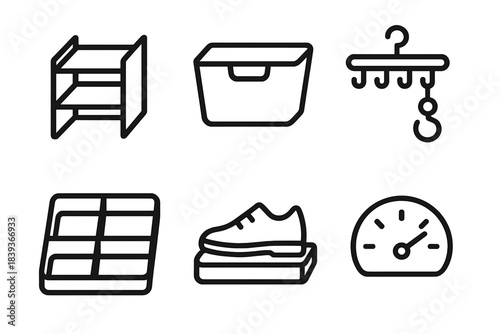 Wardrobe Organizer Icons. Compact Wardrobe Organizers linear set: foldable shelf, small bin tile, hanging accessory rack, drawer insert, shoe tile, storage efficiency meter.