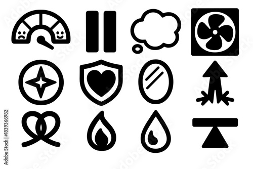 Emotional Regulation Icons. Emotional Regulation Tools silhouette set: mood gauge, pause symbol, thought bubble, cooling fan, inner compass, heart shield, reflective mirror,