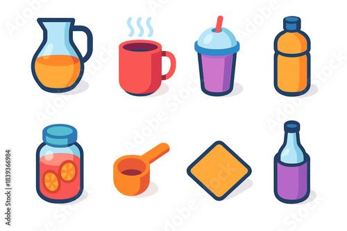 Drink Icon Set. Household Drink Setup isometric flat set: carafe, steaming mug, smoothie cup, hydration flask, flavor infusion jar, measuring scoop, drink napkin, chilled bottle