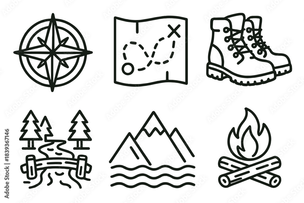 Fototapeta premium Adventure Icons Collection. Adventure & exploration linear set: compass rose, trail map, hiking boots, river crossing, mountain peak, campfire.