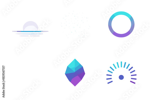 Vibrant Polar Icons. Polar Luminous Patterns flat set: horizon flare, radiant shimmer field, frosted light ring, sky-glow band, refracted ice icon, illumination gauge.