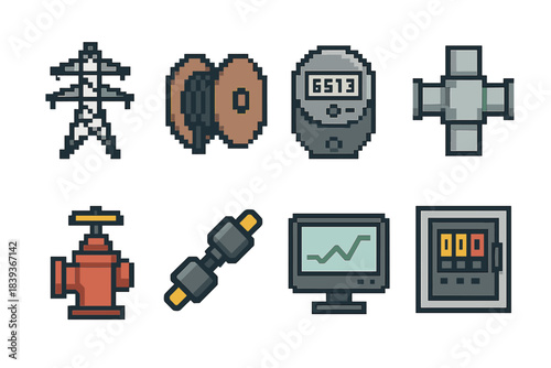Utility Icon Set. Power Distribution & Utilities set of icons in flat pixel vector style: high-voltage line, transformer drum, smart meter, pipe junction, hydrant valve, cable