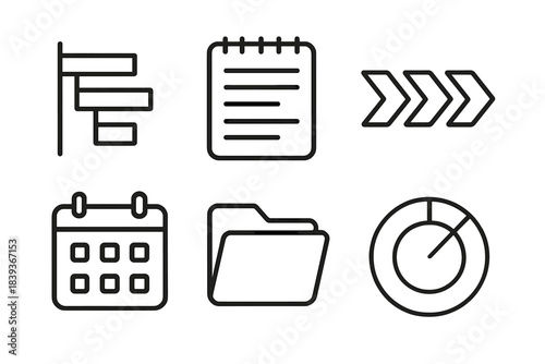 Workflow Icons Set. Workflow Planning Set linear set: gantt line, note pad, step sequence arrow, calendar block, file folder, progress dial.