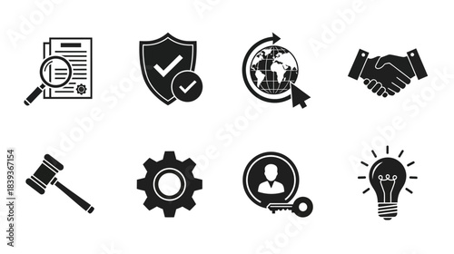 Collection of legal business and innovative concept icons in black and white