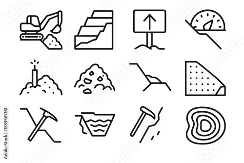 Mining Icon Diagrams. Mining Terrain Modification linear set: overburden removal icon, bench cut diagram, haul ramp marker, pit wall angle sign, blasting charge rod, muck pile,