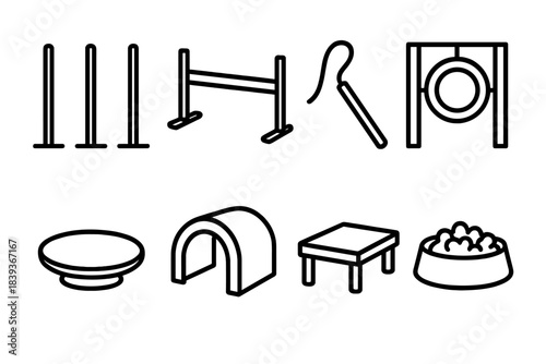 Outdoor Pet Activity Icons. Outdoor Pet Activity Set linear set: weave stakes, low jump, chase stick, tire ring, balance disc, tunnel arch, play platform, snack bowl.