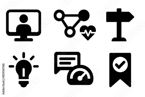 Virtual Care Icons. Virtual care networks silhouette set: tele-visit tile, patient link node, health metrics bar, guidance icon, reminder light, messaging panel, monitoring arc,