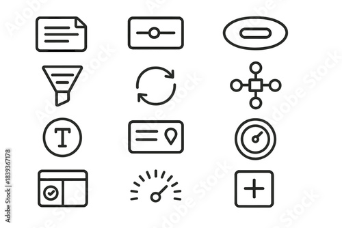 Contextual Content Icons. Contextual Content Engines linear set: adaptive prompt block, semantic tuning slider, style-switch capsule, relevance filter bar, transformation loop arc,