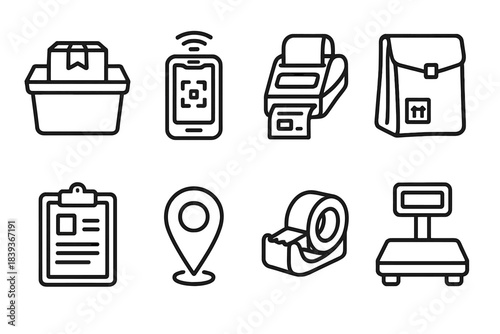 Courier Equipment Icons. Courier equipment elements linear set: parcel bin, tracking device, label printer, delivery pouch, clipboard sheet, GPS marker, tape dispenser, package