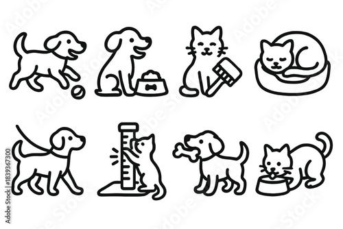 Playful Pet Icons. Playful Pet Routines linear set: ball chase, treat time, grooming brush, comfy bed, leash walk, scratching post, chew toy, water bowl.