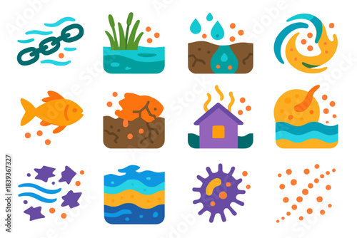 Toxic Particle Pathways. Toxic Particle Transmission flat set: windborne chain drift, wetland capture patch, groundwater seep pocket, aquatic swirl corridor, food-chain step node,