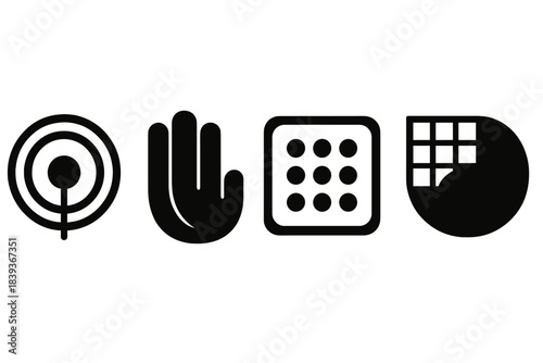 Brutalist Sensory Icons. Neural Sensory Maps silhouette set: receptor pulse dot, gradient touch band, responsive field patch.