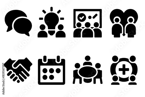 Brutalist Social Icons. Social Interaction Flow silhouette set: dialogue circle, shared ideas bulb, group activity board, inclusive heart, cooperation symbol, social calendar,