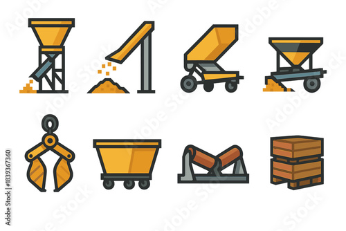 Material Handling Icons. Material Handling Equipment Set set of icons in flat pixel vector style: bulk loader, tipping chute, belt feeder, gravel spreader, lifting clamp, dump bin,