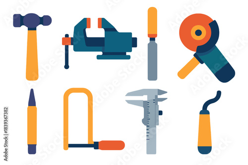Modern Metalworking Tools. Metalworking tools flat set: ball-peen hammer, bench vise, metal file, angle grinder, center punch, hacksaw, caliper, deburring tool.