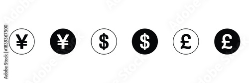 international currency vector icons, including euro, dollar, pound, yuan, and bitcoin symbols, ideal for finance graphics, business illustrations, global payment concepts, banking interfaces, fintech 