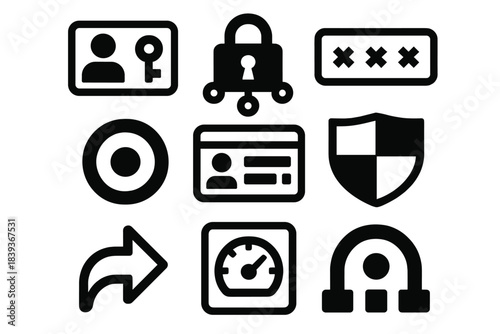 Brutalist Security Icons. Personal Credential Security silhouette set: keyed-ID tile, encrypted vault node, hashed login bar, MFA prompt ring, credential token dot, access-layer