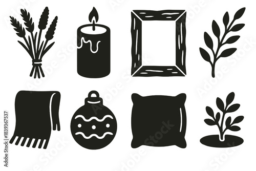 Brutalist Home Accents. Home seasonal accents silhouette set: dried floral bundle, pillar candle, rustic frame, decorative branch, fabric runner, ceramic ornament, soft cushion,