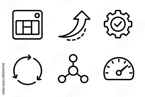 Resource Management Icons. Intelligent Resource Systems linear set: utilization tracker tile, predictive allocation arrow, efficiency indicator icon, workflow loop ring, resource
